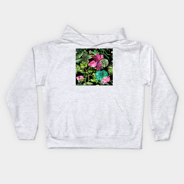 Seamless tropical flower, plant and leaf pattern background Kids Hoodie by Olga Berlet